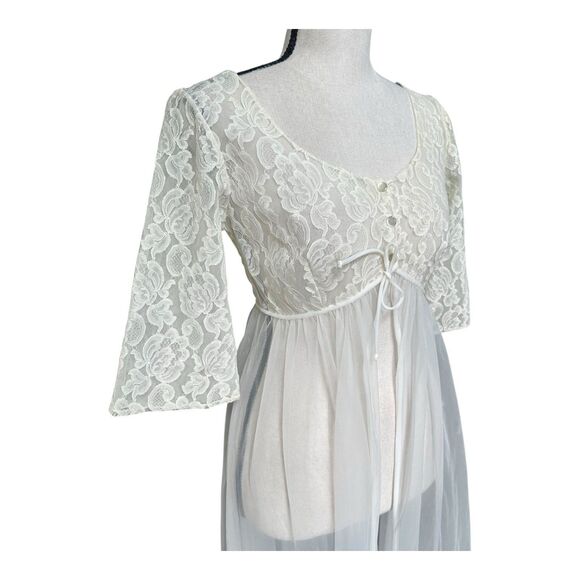 VTG 70s White Lace Sheer Robe Peignoir 3/4 Bell Sleeve Romantic Bridal Med - Picture 3 of 8